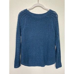 Ann Taylor LOFT Small Sweater Navy Blue Cable Knit Crochet Sleeve Wool Blend